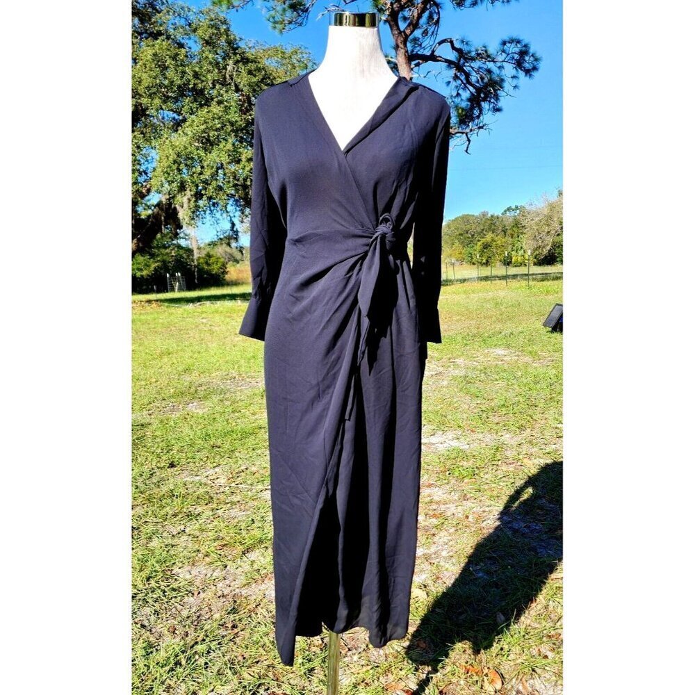 NEW Calvin Klein Long Sleeve V Neck Wrap Dress Career Womens‎ Black Size 4 $129